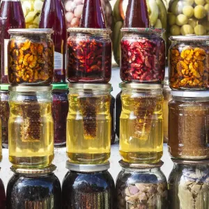 Azerbaijan, Vandam. Fruit market, honey and preserves Azerbaijan, Vandam. Fruit market, honey and preserves