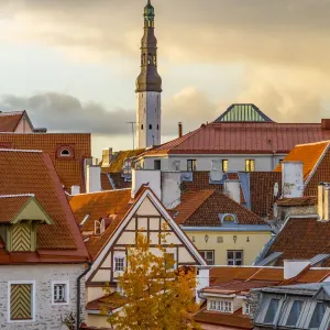 Baltic States, Estonia, Tallinn. Rooftops near city walls Baltic States, Estonia, Tallinn. Rooftops near city walls