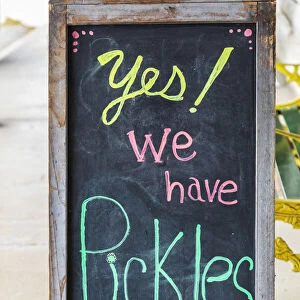 Bandera, Texas, USA. Chalkboard sign for pickles in the Texas Hill Country