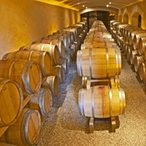 The barrel ageing cellar with rows and stacks of oak barriques Chateau Thieuley La
