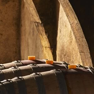 The barrel aging cellar with lines of barriques and dramatic lighting. Chateau Mourgues