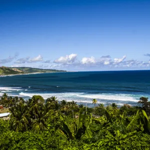 Bathsheba, Barbados. C-shaped, curved, ocean coast with surf, and palm trees