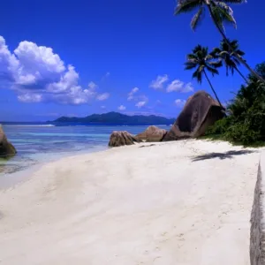 Beautiful perfect scene of the famous rocks and beach at La Digue in the Seychelle