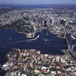 Beautiful Sydney Australia harbor with skyline and downtown from above shot from airplane