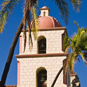Bell tower and palms at the Santa Barbara Mission (Queen of the missions), Santa Barbara
