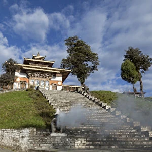 Bhutan, Dochu La, Incense burns at base of stairs to Druk Wangyal Lhakhang Temple