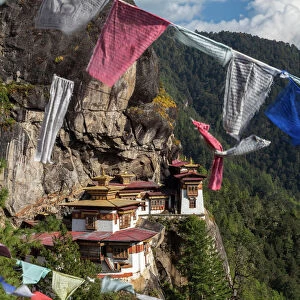 Bhutan, Paro. Prayer flags fluttering at the cliffs edge across from Taktsang Monastery
