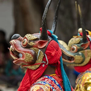 Bhutan, Punakha Dzong. Punakha Drubchen Festival, masked dancers