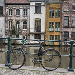 Bike along rail in the historic medieval city of Ghent