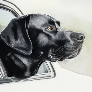 Black lab riding with head out car window. (AI Generated) Black lab riding with head out car window. (AI Generated)