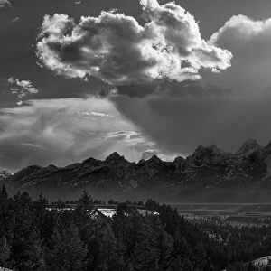 Black and white Grand Teton National Park, Wyoming: Dramatic sky at Snake River Overlook