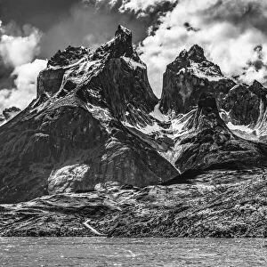 Black and white Large Pehoe Lake Lago Paine Horns three granite peaks