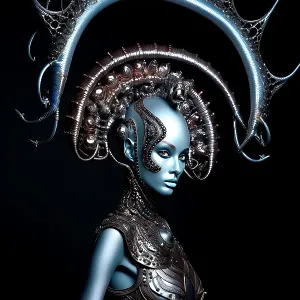 Blue alien woman in headdress and armor. &copy;Jim Zuckerman / Jaynes Gallery / DanitaDelimont.com