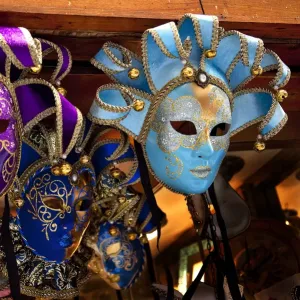 Blue Venetian Masks Print, a 1200s Venice Italy Carnival Image Blue Venetian Masks Print, a 1200s Venice Italy Carnival Image