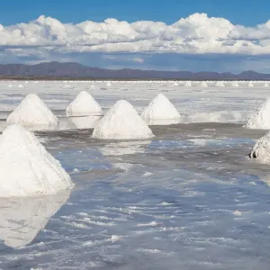 Bolivia, Uyuni, Salar de Uyuni. Cones of salt have been scraped up so that the salt will Bolivia, Uyuni, Salar de Uyuni. Cones of salt have been scraped up so that the salt will