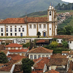 Brazil, Minas Gerais, Ouro Preto, view on old colonial churches and tiled roof houses