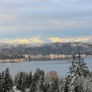 Bremerton, Washington State, Usa. Autumn snow, Puget Sound, Olympic Mountains and Dyes Inlet Bremerton, Washington State, Usa. Autumn snow, Puget Sound, Olympic Mountains and Dyes Inlet