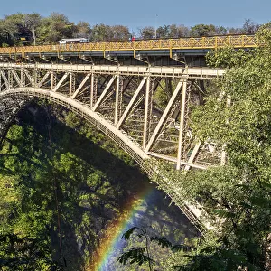 Bridge over the Zambesi River with rainbow. Bordering Zambia and Zimbabwe. Zambezi National Park. Zimbabwe