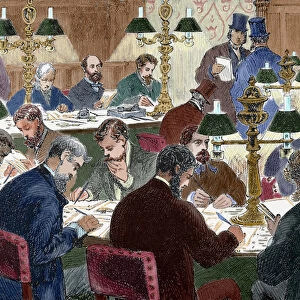 Brokers working. Nineteen-century colored engraving