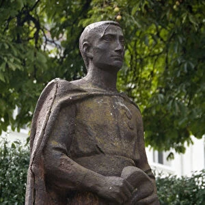 Bulgaria, Port city of Vidin. Europe Square, statue in pedestrian walkway area