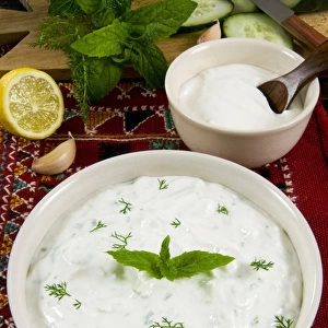Cacik, sauce with yogurt, mint, cucumber, lemon, Turkish food, Turkey