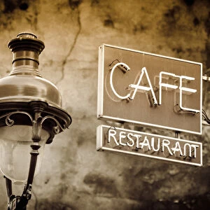 Cafe sign and lamp post, Paris, France