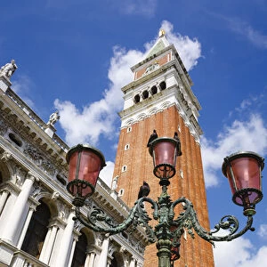 Campanile San Marco (St Marks Basilica bell tower) and street lamp, Venice, Veneto