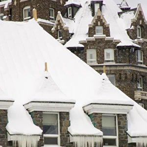 Canada, Banff, Detail of snowy roofline of Banff Springs Hotel