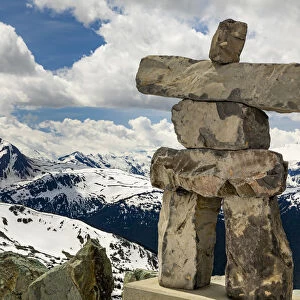 Canada, British Columbia Garibaldi Provincial Park. Stone figure close-up and mountains