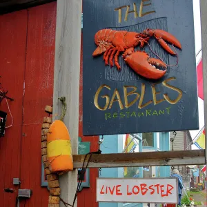 Canada, New Brunswick, St Andrews. Colorful signs and decorations at a restaurant