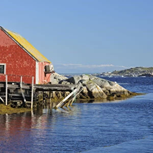 Canada, Nova Scotia, Peggys Cove. Fishing shack and harbor