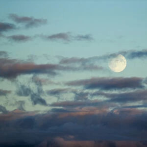 Canada, Nunavut Territory, Arviat, Full moon rises through clouds along west coast