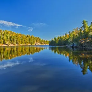 Canada, Ontario. Forest reflections on Blindfold Lake in autumn