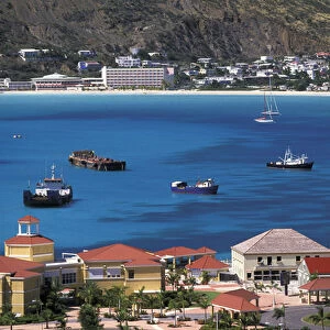 Caribbean, Dutch Antilles, Saint Maarten, Philipsburg. View of town and cruiseship