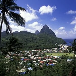 Caribbean, St. Lucia, Soufriere. Morning view of the Pitons and Soufriere from the NE