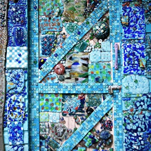 Central America, Honduras, Bay Islands, Utila, mosaic art at hotel in Utila town. (PR)