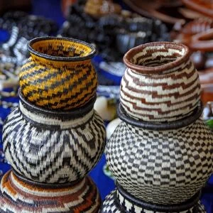 Central America, Panama, Cristobal. Local Embera Indian handicrafts, traditional baskets
