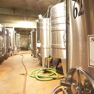 In the Chapoutier winery. Stainless steel fermentation tanks, one with Crozes Hermitage