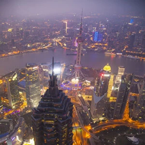 China, Shanghai. Downtown buildings at night