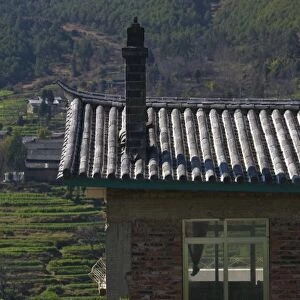 CHINA, Yunnan Province, Heqing. Mountain Town Terraced Fields from hillside farm