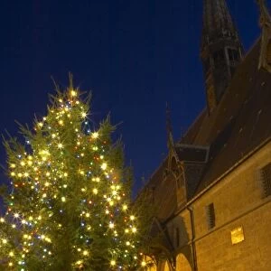 A chrstmas tree with coloured colored lights in front of the Hotel Dieu Hospices