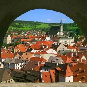 Cityscape of Cesky Krumlov through arch window, Czech Republic