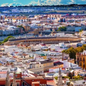 Cityscape, City View, Bull Ring, from Giralda Spire, Bell Tower, Seville Cathedral Cityscape, City View, Bull Ring, from Giralda Spire, Bell Tower, Seville Cathedral