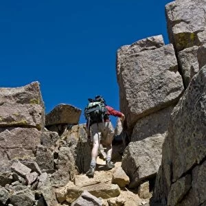 Climber summiting Windom Peak, Weminuche Wilderness, Needle Range, San Juan National Forest