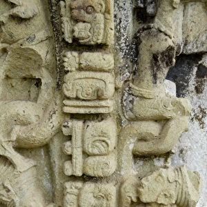 Close up of the old mask ruins at famous Mayan temples of Copan Honduras in Central