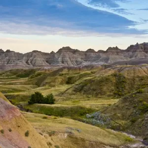 Colorful hills at sunset, Badlands Loop Trail, Badlanads National Park, South Dakota, USA