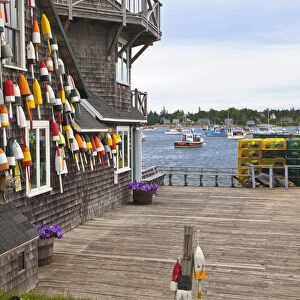 Colorful lobster buoys hang from harbor deck in Bernard, Maine, USA