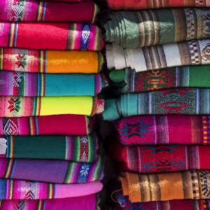 Colorful scarfs or blankets for tourists. Town of Humahuaca in the Quebrada de Humahuaca canyon