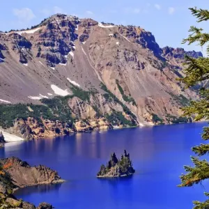 Crater Lake Reflection, Phantom Ship Island, Blue Sky Oregon Pacific Northwest