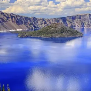 Crater Lake Reflection Wizard Island, Clouds Blue Sky Oregon Pacific Northwest